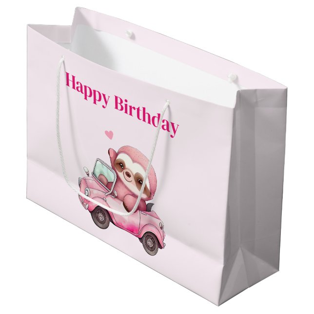 Smiling Pink Sloth Driving a Convertible Birthday Large Gift Bag (Front Angled)