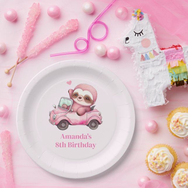 Smiling Pink Sloth Driving a Convertible Birthday Paper Plate (Party)