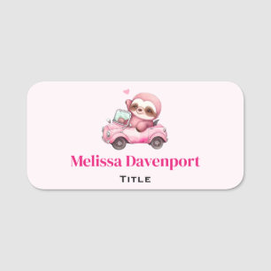 Smiling Pink Sloth Driving a Convertible Name Tag