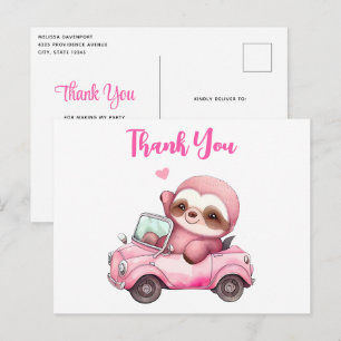 Smiling Pink Sloth Driving a Convertible Thank You Postcard