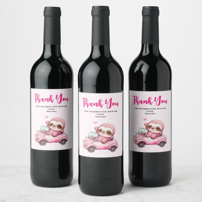 Smiling Pink Sloth Driving a Convertible Thank You Wine Label (Bottles)