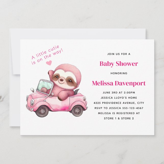 Smiling Pink Sloth in a Convertible Baby Shower Invitation (Front)