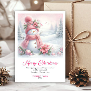 Smiling pink snowman kids greeting card digital