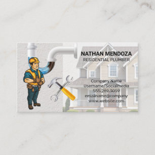 Smiling Plumber   Clogged Pipes   Wrenches  Business Card