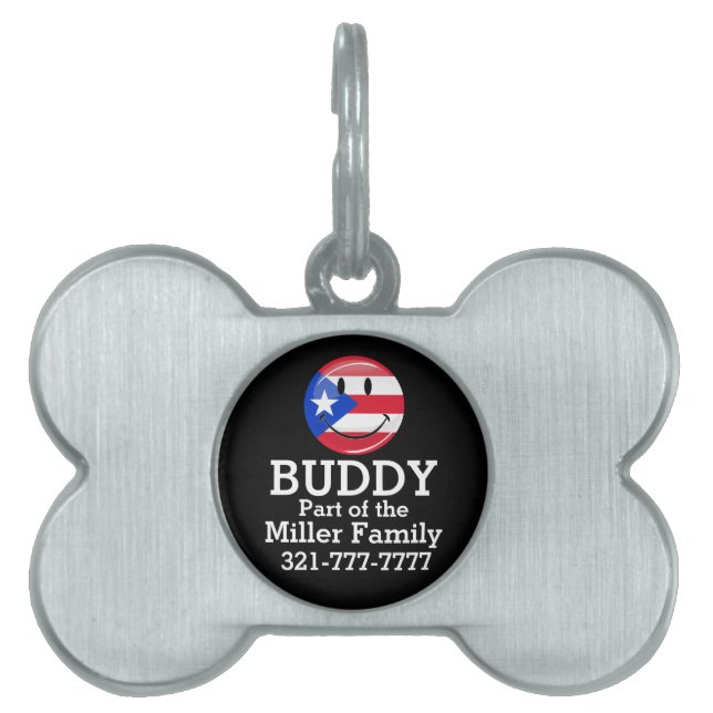 Smiling Puerto Rican Flag Pet Name Tag (Front)