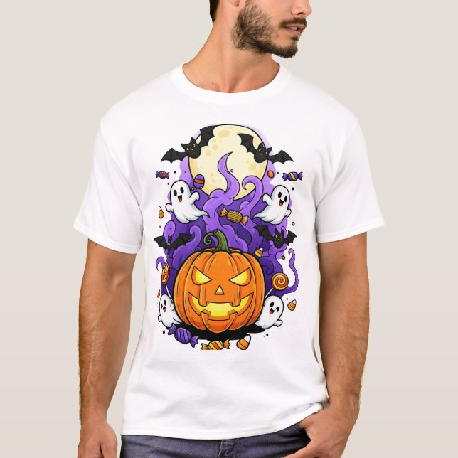 Smiling Pumpkin Halloween Cartoon T-Shirt (Front)