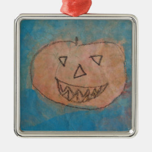Smiling Pumpkin, Halloween Kids Art Watercolor Metal Tree Decoration