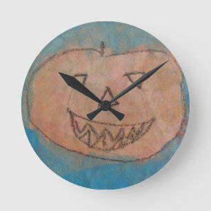 Smiling Pumpkin, Halloween Kids Art Watercolor Round Clock