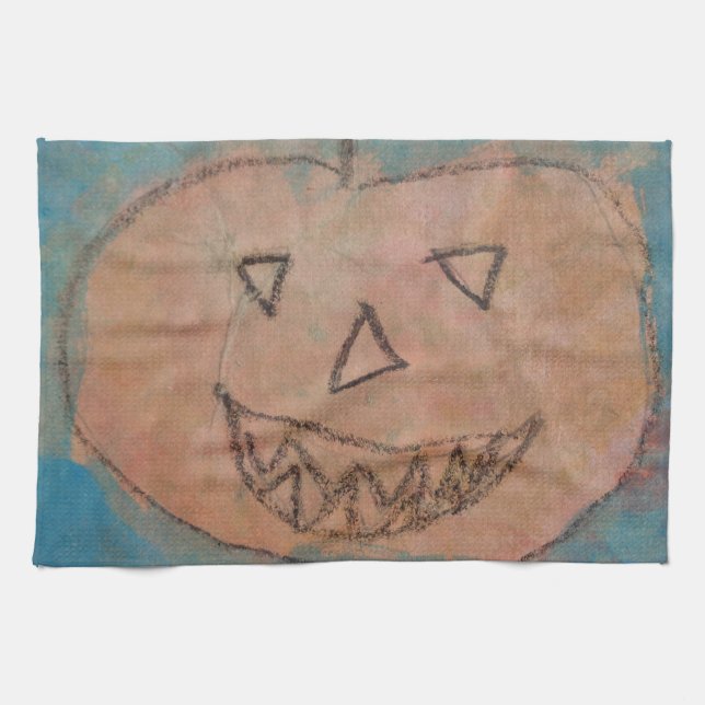 Smiling Pumpkin, Halloween Kids Art Watercolor Tea Towel (Horizontal)