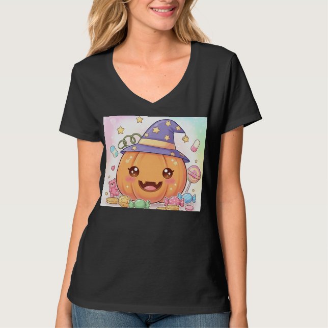 Smiling Pumpkin in Wizard Hat  T-Shirt (Front)