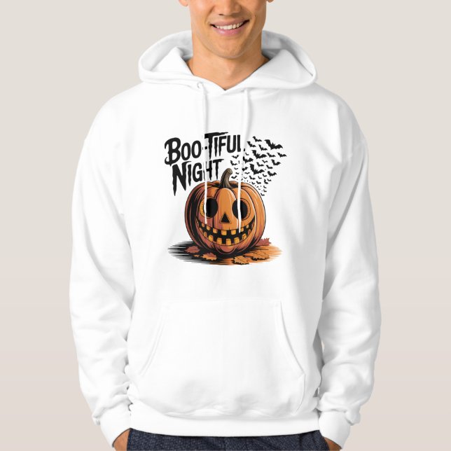 Smiling Pumpkin with Fall Leaves Design Hoodie (Front)