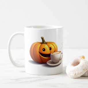 Smiling Pumpkin With Latte Cup Autumn Coffee Time