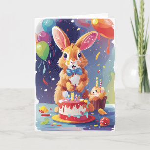 Smiling rabbit with cake and balloons card
