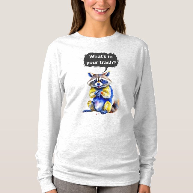 Smiling Racoon Tee - "What's in your trash?" (Front)