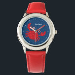 Smiling Red Crab Kid's Personalised Watch<br><div class="desc">This fun watch features a sweet vector illustration of a smiling red crab on a blue background,  and can be personalised with your child's name,  monogram,  initial,  or any text of your choice for a perfect custom gift.</div>