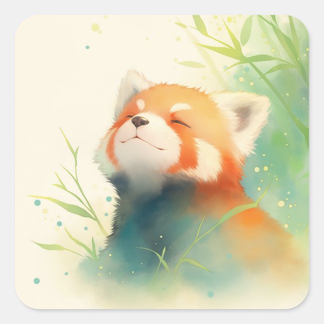 Smiling Red Panda Tilting Head in Green Bamboo Square Sticker (Front)