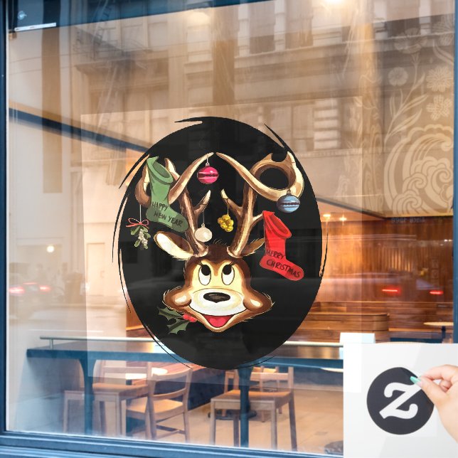 Smiling Reindeer Decorated With Christmas Stocking Window Cling (Cafe Window)