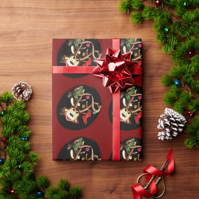 Smiling Reindeer Decorated With Christmas Stocking Wrapping Paper (Holiday Gift)