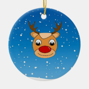 Smiling reindeer on blue ceramic tree decoration