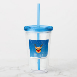 Smiling reindeer snowfall personalised blue acrylic tumbler