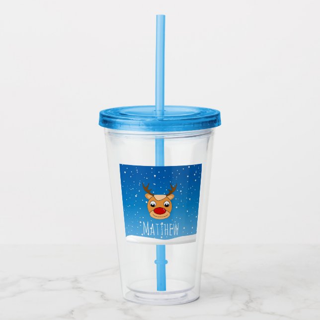 Smiling reindeer snowfall personalised blue acrylic tumbler (Front)