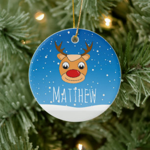 Smiling reindeer snowfall personalised blue ceramic tree decoration
