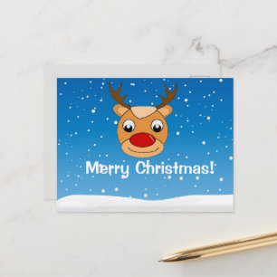 Smiling reindeer snowfall personalised blue postcard