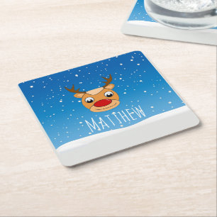 Smiling reindeer snowfall personalised blue square paper coaster