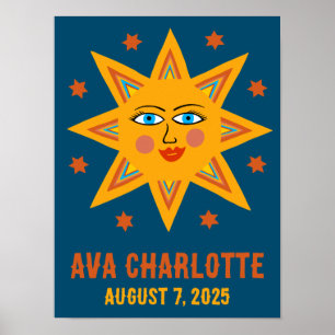 Smiling Retro Sun CUSTOM BABY NAME BIRTHDATE Art Poster