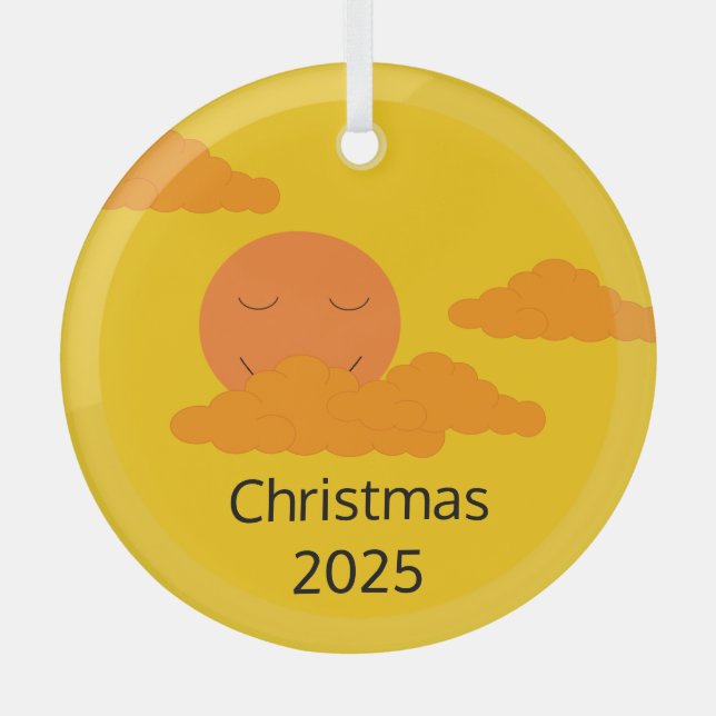 Smiling, Rising  Sun with Popcorn Clouds: Golden Glass Tree Decoration (Front)