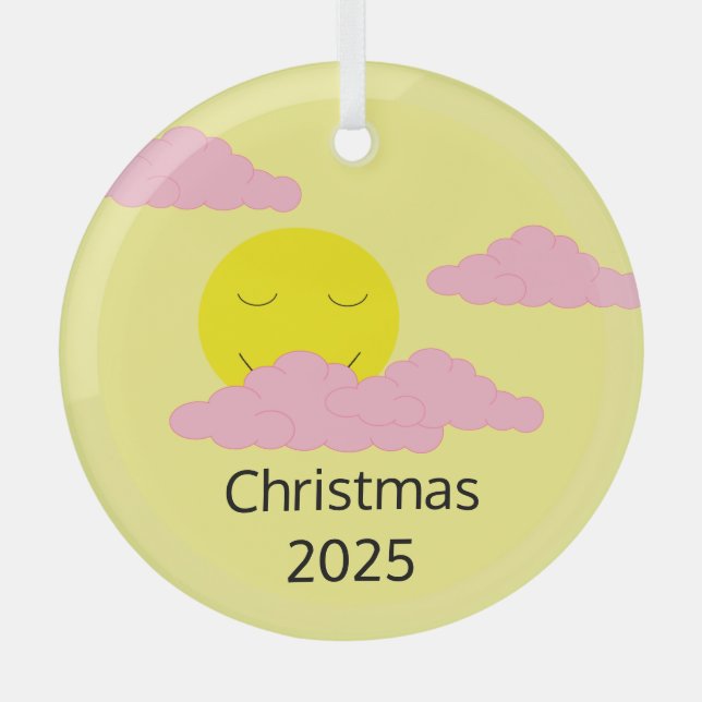 Smiling, Rising Sun with Popcorn Clouds: Yellow Glass Tree Decoration (Front)