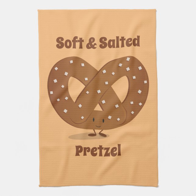 Smiling Salted Pretzel Cartoon Character Tea Towel (Vertical)