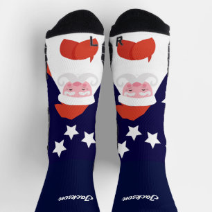 Smiling Santa and Stars on Blue Socks