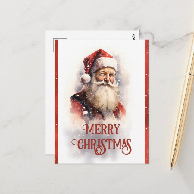 Smiling Santa Claus Watercolor Postcard (Front/Back In Situ)