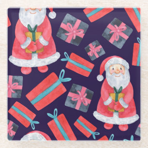 Smiling Santa, Watercolor Christmas Seamless. Glass Coaster