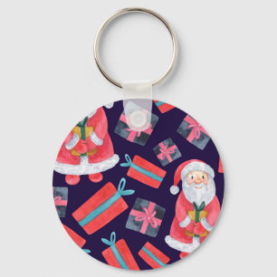 Smiling Santa, Watercolor Christmas Seamless. Key Ring