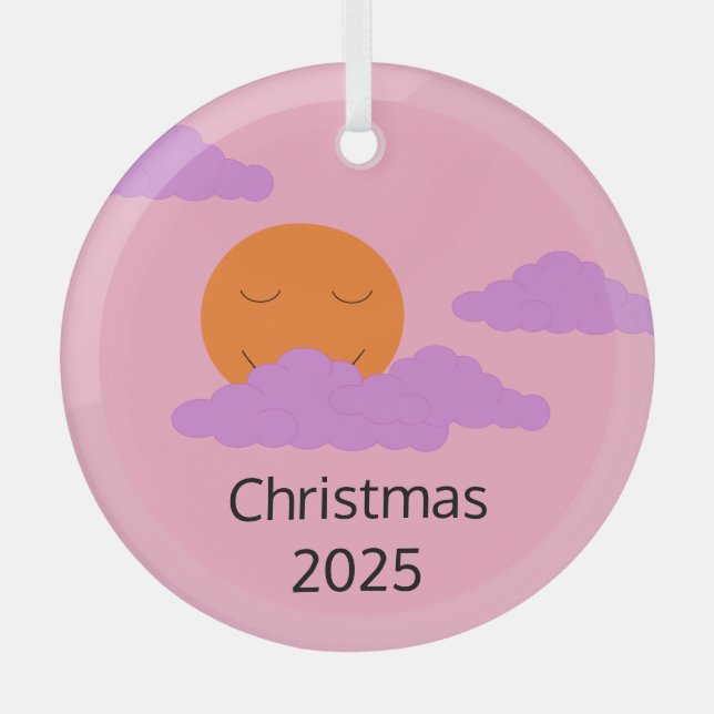 Smiling, Setting Sun with Popcorn Clouds: Lavender Glass Tree Decoration (Front)