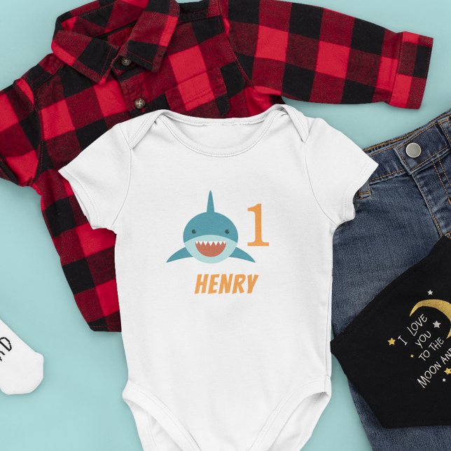 Smiling Shark Personalized First Birthday Baby Bodysuit (Creator Uploaded)