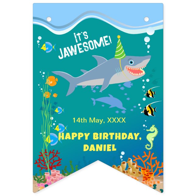 Smiling shark under the sea boy Birthday Party Bunting (First Flag)
