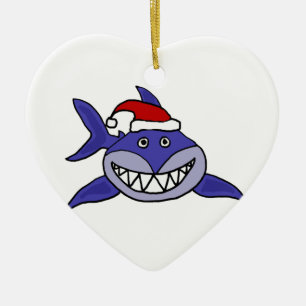 Smiling Shark Wearing Santa hat Christmas Art Ceramic Tree Decoration