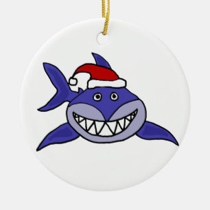 Smiling Shark Wearing Santa hat Christmas Art Ceramic Tree Decoration