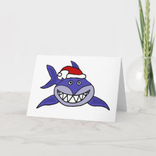 Smiling Shark Wearing Santa hat Christmas Art Holiday Card