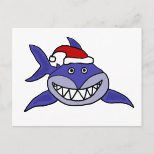 Smiling Shark Wearing Santa hat Christmas Art Holiday Postcard