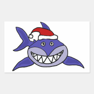 Smiling Shark Wearing Santa hat Christmas Art Rectangular Sticker