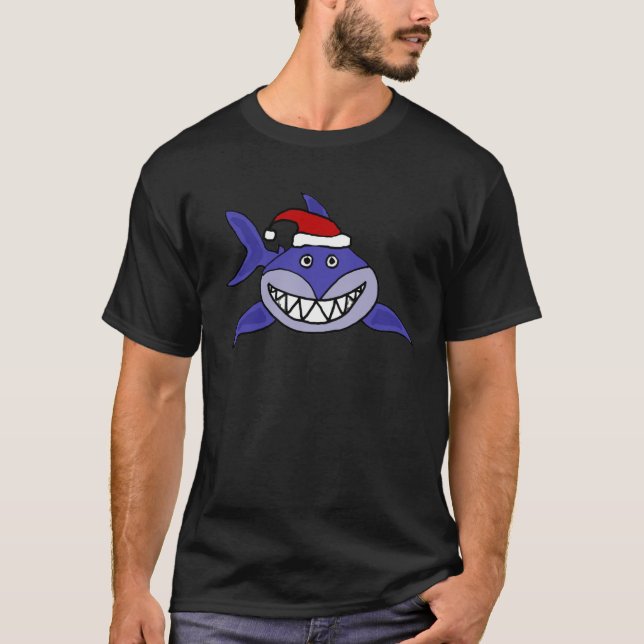 Smiling Shark Wearing Santa hat Christmas Art T-Shirt (Front)