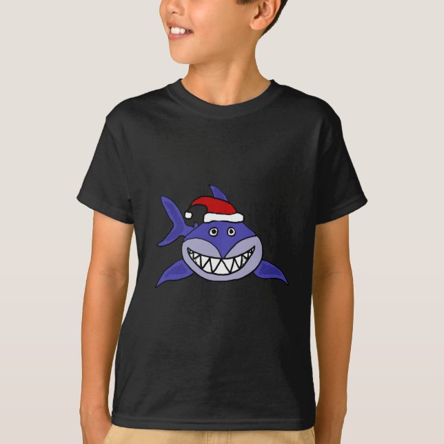 Smiling Shark Wearing Santa hat Christmas Art T-Shirt (Front)