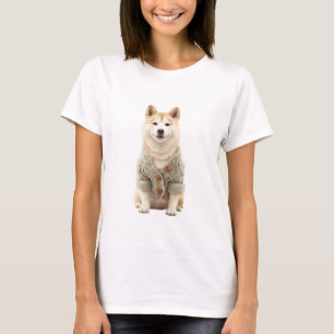Smiling Shiba Inu in Sage Cable Knit Cardigan T-Shirt