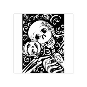 SMILING SKELETON & HIS JACK O LANTERN, HALLOWEEN RUBBER STAMP