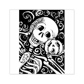 SMILING SKELETON & HIS JACK O LANTERN, HALLOWEEN RUBBER STAMP