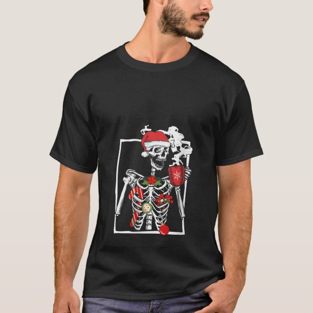 Smiling Skeleton Skull Drinking Coffee Latte Chris T-Shirt (Front)